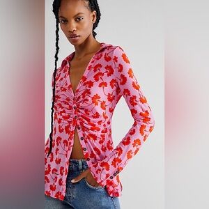 Free People Pink Red Floral Ruched Button Front Blouse Small Boho Y2K